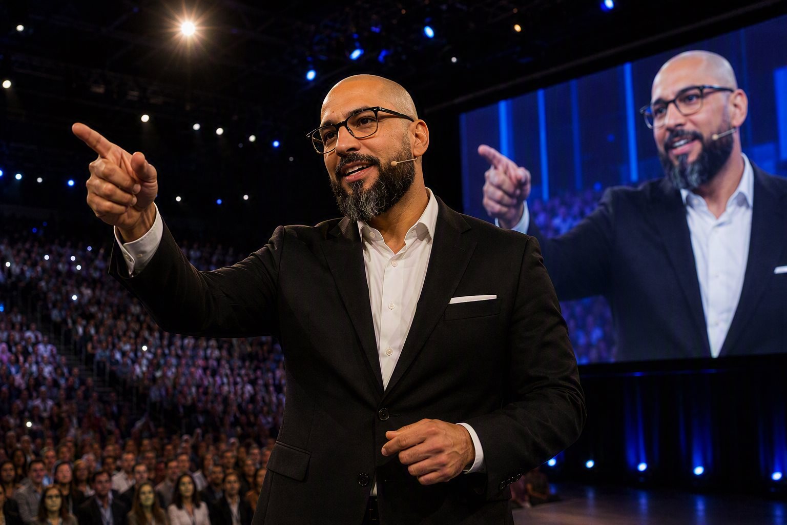 F. John Gamez III speaking on stage to a large audience
